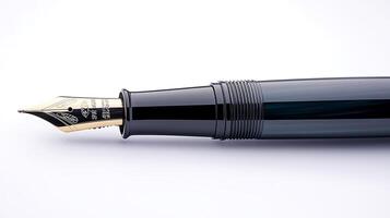 Close-up of a sleek fountain pen with a golden nib on a clean white backdrop photo