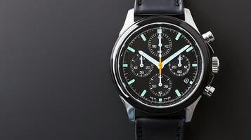 Close-up of a sleek black chronograph watch with luminous hands on a dark background photo