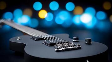 Close-up of a sleek electric guitar on a blurred background with colorful bokeh lights photo