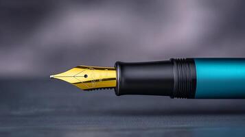 Close-up of a sleek fountain pen with a golden nib on a textured background, ideal for writing photo
