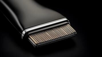 Close-up of a sleek grooming tool on a dark background, showcasing fine teeth for precision cutting photo