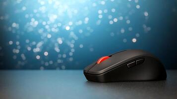 Close-up of a sleek gaming mouse with a glowing red light against a blurred blue background photo