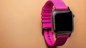 Close-up of a sleek smartwatch with a vibrant pink strap against a warm-toned background photo