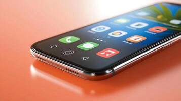 Close-up of a smartphone displaying colorful app icons on a vibrant orange background photo