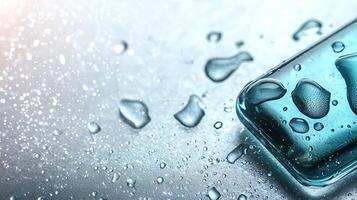 Close-up of a sleek smartphone with water droplets on a reflective surface, showcasing technology photo
