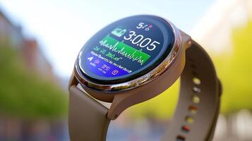 Close-up of a smartwatch displaying fitness metrics in a vibrant urban setting with greenery photo