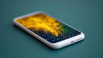 Close-up of a smartphone with a vibrant, abstract screen display, resting on a teal surface photo