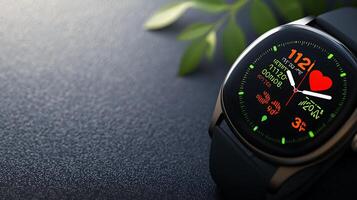 Close-up of a smartwatch displaying health metrics on a textured surface with greenery in the background photo