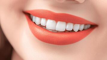 Close-up of a smiling person showcasing bright teeth and vibrant lipstick in a neutral setting photo