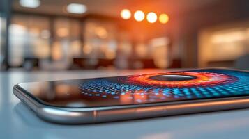 Close-up of a smartphone displaying vibrant digital graphics in a modern office setting photo
