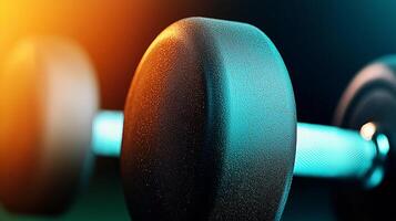 Close-up of a sleek, modern dumbbell against a blurred gradient background, emphasizing fitness photo