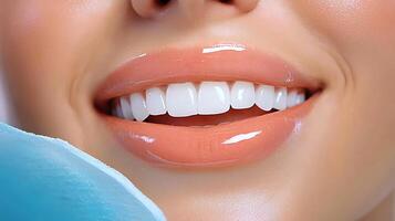 Close-up of a smiling woman showcasing her bright, healthy teeth with dental tools in the background photo