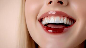Close-up of a smiling woman showcasing her glossy lips and bright teeth against a soft background photo