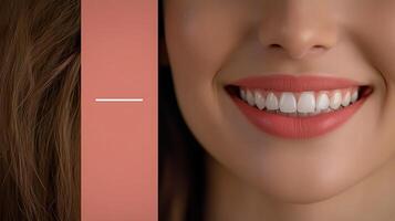 Close-up of a smiling woman with perfect teeth against a soft pink background, conveying happiness photo
