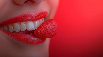 Close-up of a smiling woman with red lips playfully holding a strawberry, vibrant background photo