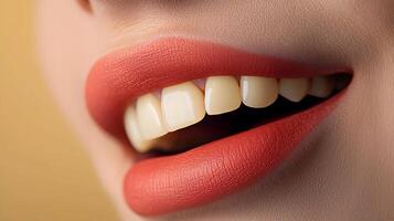 Close-up of a smiling woman's lips showcasing perfect teeth and vibrant lipstick against a soft background photo