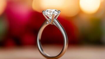 Close-up of a sparkling diamond engagement ring against a blurred floral background photo