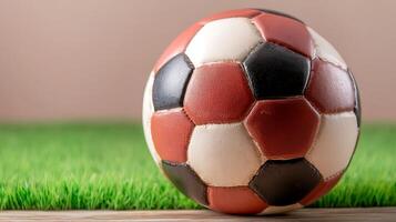 Close-up of a soccer ball resting on vibrant green grass with a soft background photo