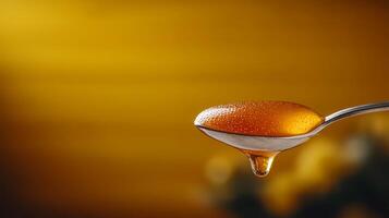 Close-up of a spoonful of honey glistening under warm golden light with blurred background photo