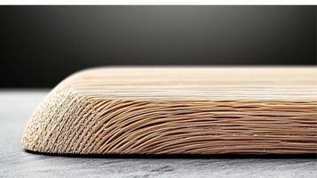 Close-up of a smooth wooden surface showcasing intricate grain patterns against a dark background photo