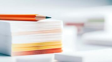 Close-up of a stack of colorful paper sheets with an orange pencil resting on top, blurred background photo