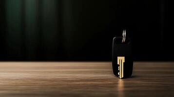 Close-up of a stylish key fob resting on a wooden surface with a blurred dark background photo
