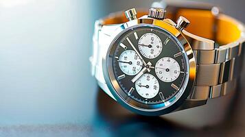 Close-up of a stylish chronograph watch on a reflective surface with soft lighting photo