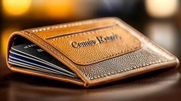 Close-up of a stylish leather wallet with credit cards, set against a blurred warm background photo