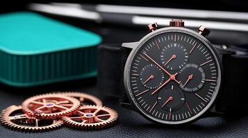 Close-up of a stylish black chronograph watch with intricate gears and tools on a dark surface photo