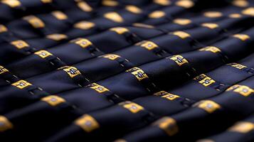 Close-up of a textured fabric with a repeating pattern of golden emblems on a dark background photo