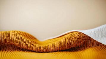 Close-up of a textured yellow fabric draped artistically over a soft surface with neutral background photo