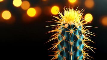 Close-up of a vibrant cactus with glowing spines against a blurred bokeh background photo