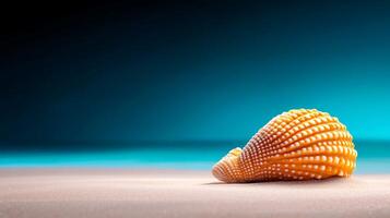 Close-up of a vibrant orange seashell resting on a serene beach with soft sand and calming ocean waves photo