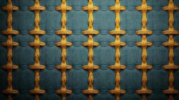 Close-up of a textured woven fabric with blue and yellow patterns, suitable for design use photo