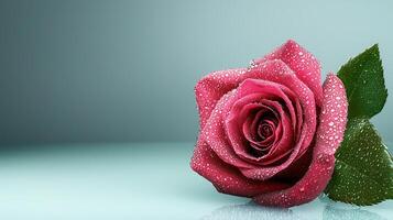 Close-up of a vibrant pink rose with dew drops against a soft gradient background photo