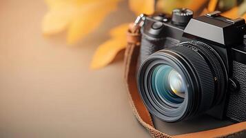 Close-up of a vintage camera on a soft surface surrounded by autumn leaves and warm lighting photo