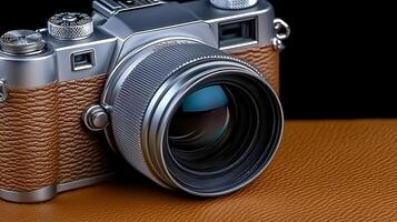 Close-up of a vintage camera with a sleek lens on a textured leather surface, showcasing craftsmanship photo