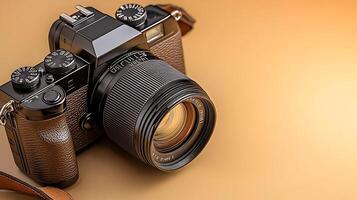 Close-up of a vintage camera on a warm gradient background showcasing its intricate design and details photo