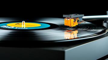 Close-up of a vinyl record spinning on a turntable with vibrant label and reflections photo