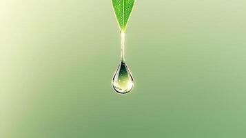 Close-up of a water droplet hanging from a green leaf against a soft gradient background photo