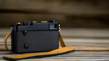 Close-up of a vintage camera on a wooden surface with a blurred background, showcasing craftsmanship photo