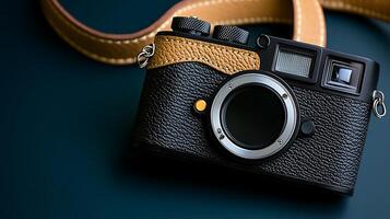 Close-up of a vintage camera resting on a dark surface with a stylish strap, evoking nostalgia photo