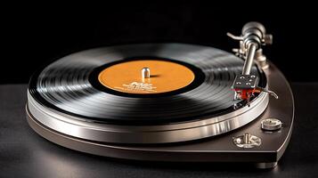 Close-up of a vintage turntable playing a vinyl record against a dark background, evoking nostalgia photo