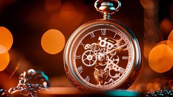Close-up of a vintage pocket watch with intricate gears and glowing bokeh background photo