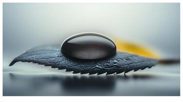 Close-up of a water droplet resting on a dark green leaf, with soft blurred background photo