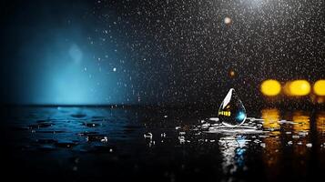 Close-up of a water droplet on a reflective surface during a rainy night with blurred city lights photo