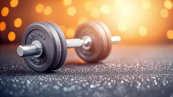 Close-up of a weightlifting dumbbell on a textured surface with a blurred bokeh background photo