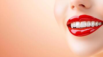 Close-up of a woman's smiling lips with glossy red lipstick against a soft peach background photo