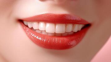 Closeup of a woman's smiling lips showcasing glossy red lipstick against a soft pink background photo