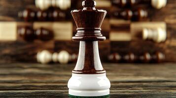 Close-up of a wooden chess king piece on a rustic table with blurred chess pieces in the background photo